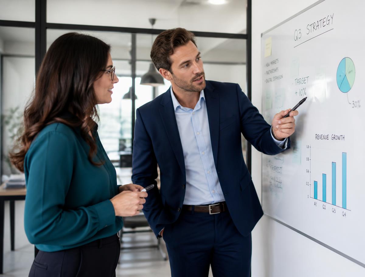 Consultants working through a growth strategy on a whiteboard