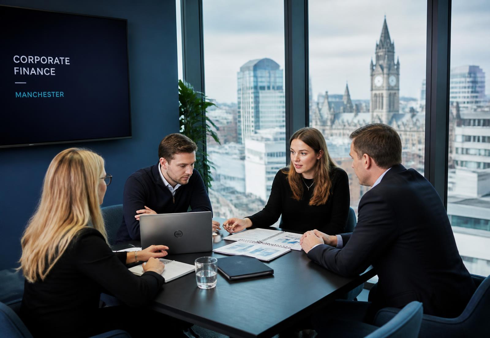 Consultants reviewing business performance in a Manchester meeting room